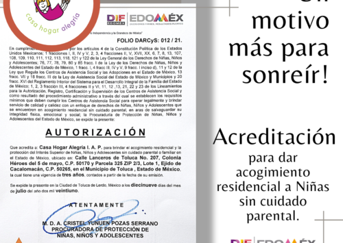 CASA HOGAR ALEGRÍA IAP – RECIBE ACREDITACIÓN POR DIF EDOMEX